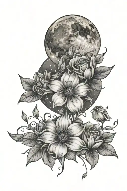 five stars with something pretty a moon or flowers tattoo design idea