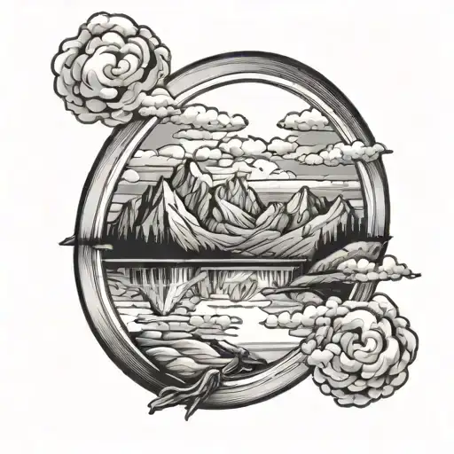 basic oval mirror reflecting mountains inside. Clouds at the bottom surrounding the mirror tattoo design idea