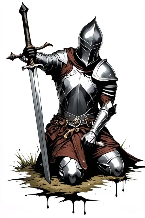 knight kneeling with longsword sticking in ground, include a dripping effect  tattoo design idea