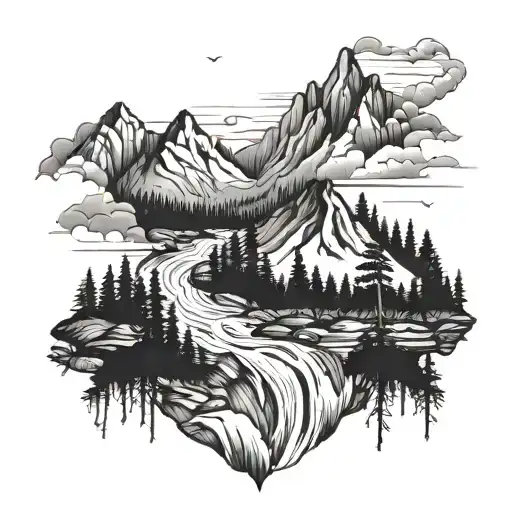 mountains with forest trees water flowing tattoo design idea