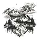 mountains with forest trees water flowing tattoo design idea