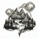 mountains with forest trees water flowing tattoo design idea