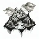 mountains with forest trees water flowing tattoo design idea
