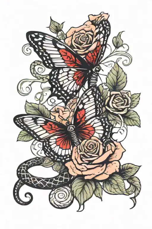 butterfly, snake and rose all red ink tattoo design idea