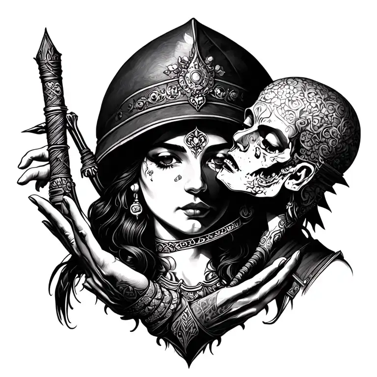 hoddes kali holding in her hand head of a russian soldier tattoo design idea