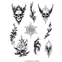 Gothic and vintage tattoo flash sheet with 10 separate black and white designs. Each design should be minimal, clean lin tattoo design idea