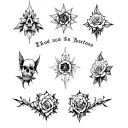 Gothic and vintage tattoo flash sheet with 10 separate black and white designs. Each design should be minimal, clean lin tattoo design idea