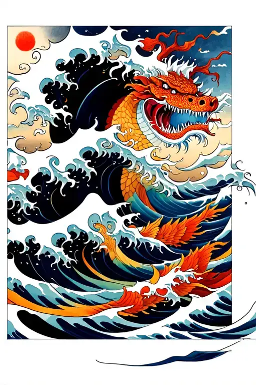 Ocean wave sea monsters colorful tattoo design idea