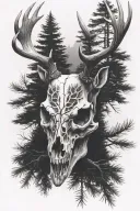deer skull pine trees tattoo design idea