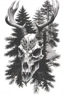 deer skull pine trees tattoo design idea