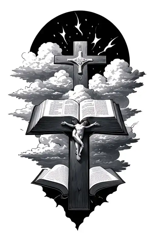 clouds surrounding cross and bible with verses falling of the bible tattoo design idea