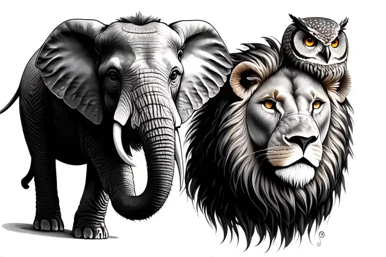 elephant, lion,, and owl  tattoo design idea