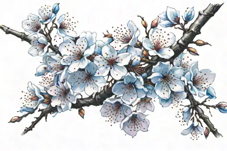 Cherry blossom petals falling, deep blue petals dark blue petals, purple petals, light blue petals, black branch tattoo design idea