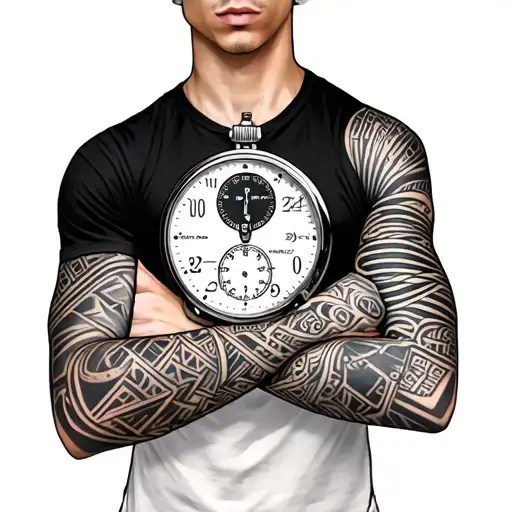Full arm sleeve, thin bands, multiple geometric patterns, stop watch integrated on inner arm tattoo design idea