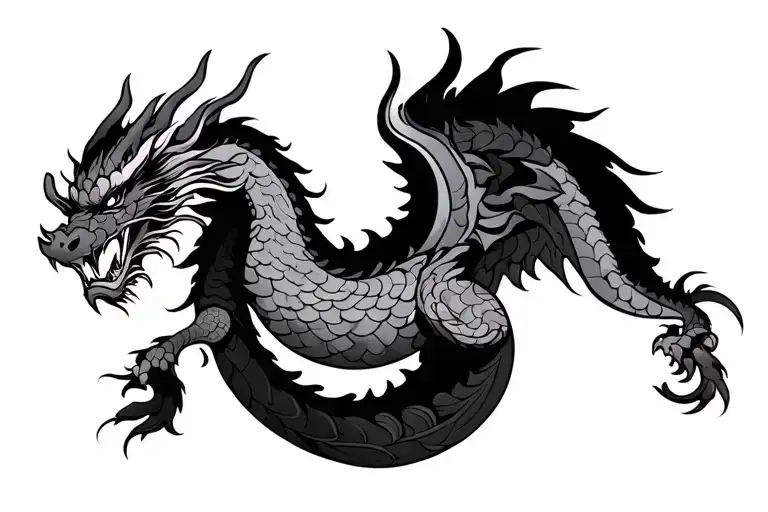 single head traditional Japanese dragon without wings black and grey full length design tattoo design idea