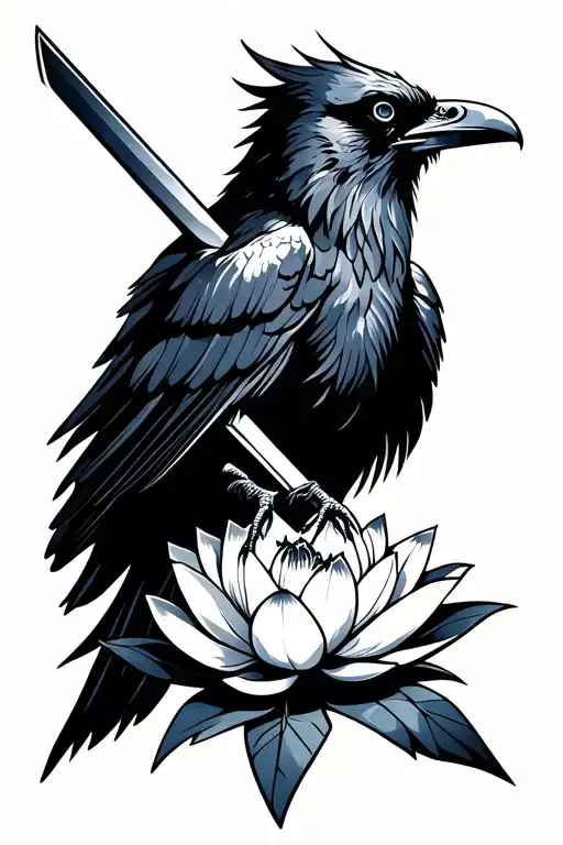 Wild crow on a lotus flower with a sword tattoo design idea