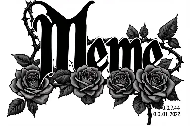 "Meme 02.03.1943-02.01.2022" roses and thorns intertwined tattoo design idea