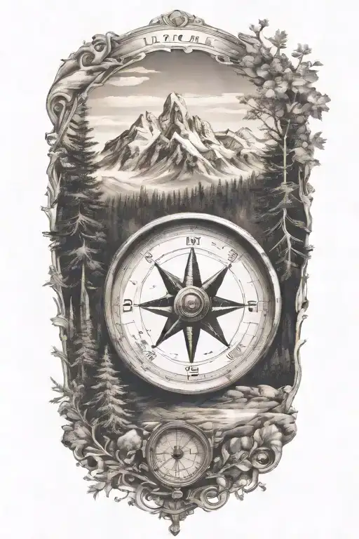a compass with mountains and trees surrounding it and coordinates  tattoo design idea