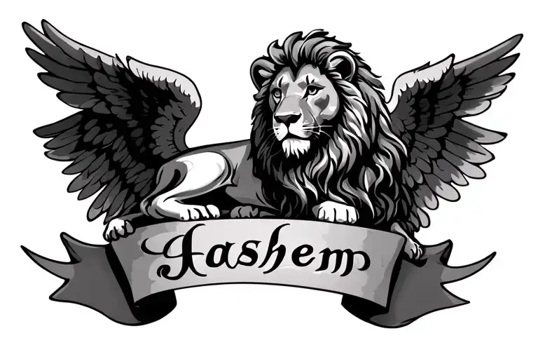 A majestic lion with angel wings, resting peacefully above a banner that reads 'Hashem' in elegant Arabic calligraphy  tattoo design idea
