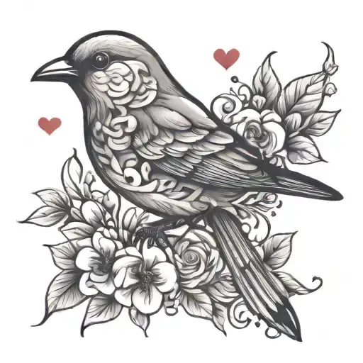 bird and hearts hidden m tattoo design idea