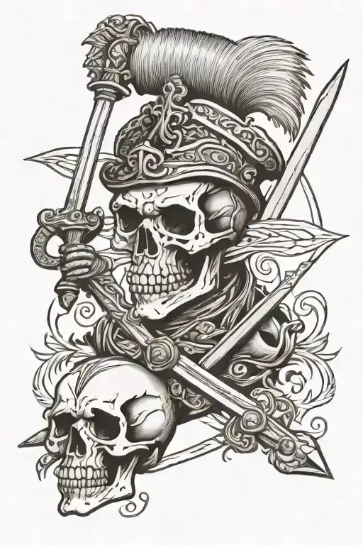 conquistador skull with 3 swords tattoo design idea