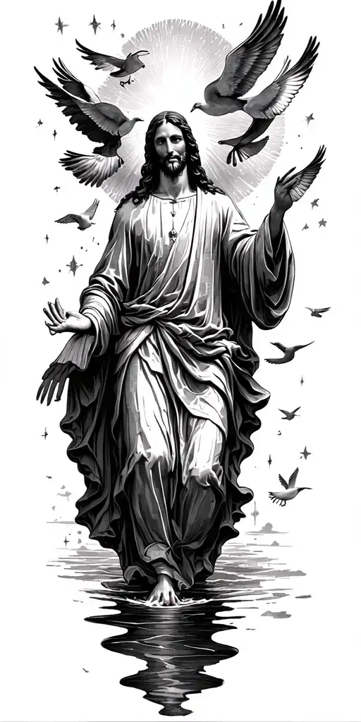 heaven Jesus walking on water clouds doves flying and lights tattoo design idea