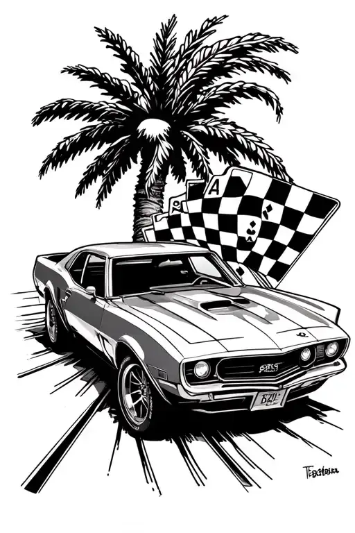 Car going down race track, checkered flag, deck of cards, firebird, palm tree  tattoo design idea