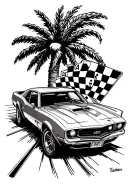 Car going down race track, checkered flag, deck of cards, firebird, palm tree  tattoo design idea
