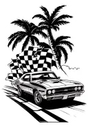 Car going down race track, checkered flag, deck of cards, firebird, palm tree  tattoo design idea