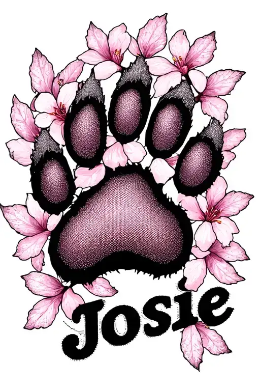 Dog paw with cherry blossoms and the name Josie underneath should not be on the under arm no more than 14 petals tattoo design idea