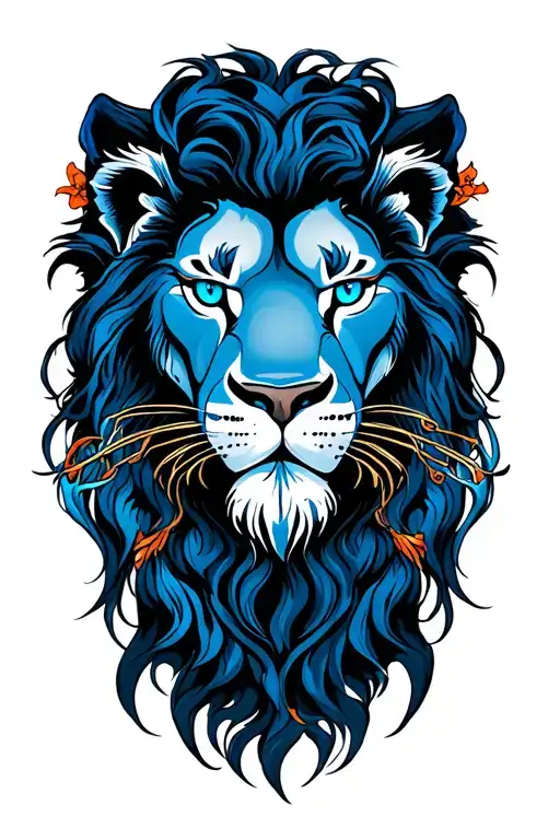 lion head fine lines blue eyes tattoo design idea