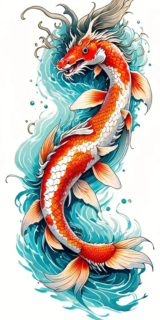 2 koi fish swimming up stream then turning in to dragons tattoo design idea