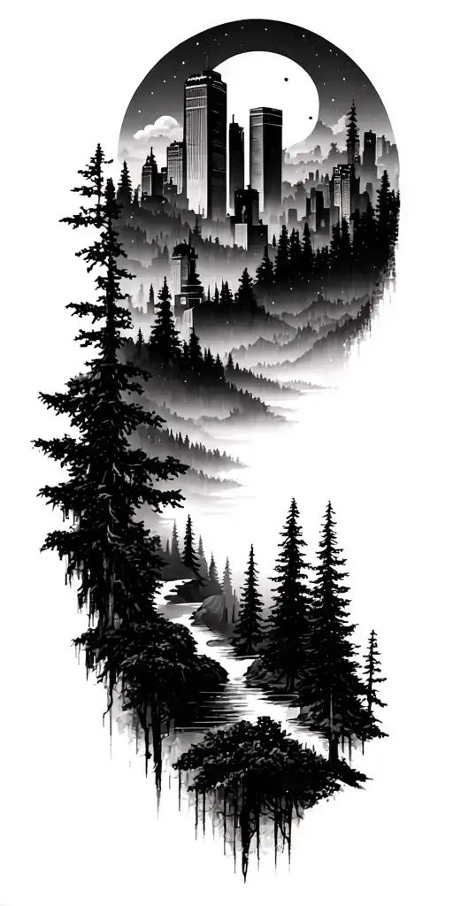 skyline transitions into a forest scene tattoo design idea