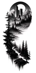 skyline transitions into a forest scene tattoo design idea