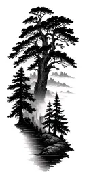 skyline transitions into a forest scene tattoo design idea