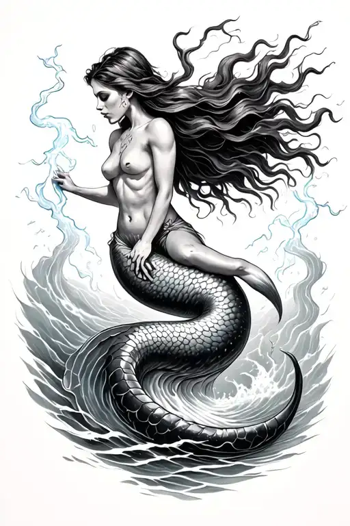 A surreal tattoo of a mermaid riding an electric eel through a stormy ocean, combining the client's love for water and electricity tattoo design idea