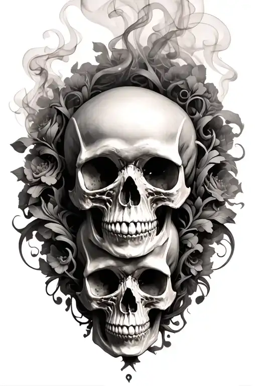 multiple skulls and filigree vine intertwined with smoke lines clear above and shaded below  tattoo design idea