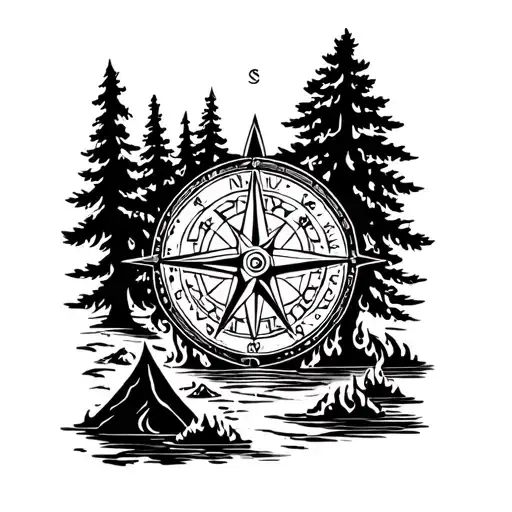 compass rose,inukshuk, tree, camp fire flames and water tattoo design idea