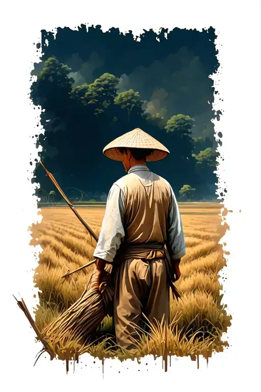 old Chinese farmer working in field facing away tattoo design idea