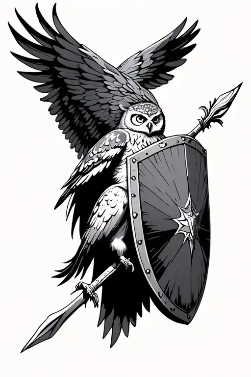 Athena's owl wings open with spear and shield staring tattoo design idea