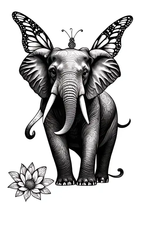 A spiritual tattoo design featuring an elephant with butterfly wings instead of ears. Add a full body to the elephant in tattoo design idea