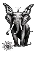 A spiritual tattoo design featuring an elephant with butterfly wings instead of ears. Add a full body to the elephant in tattoo design idea
