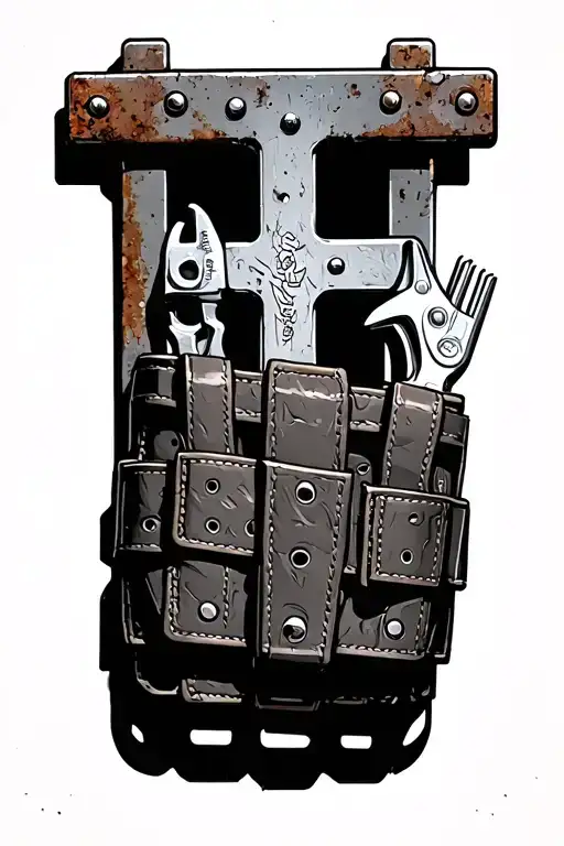 tool belt hanging on rusty nail cross tattoo design idea