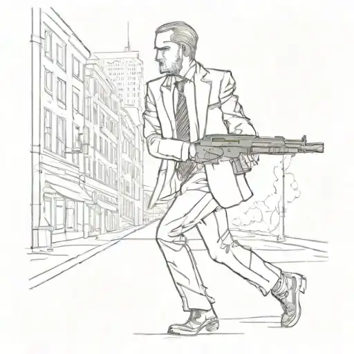 I want a tattoo of a hitman with hair walking in a dark night on a road of a city wearing a suit holding a gun on one ha tattoo design idea
