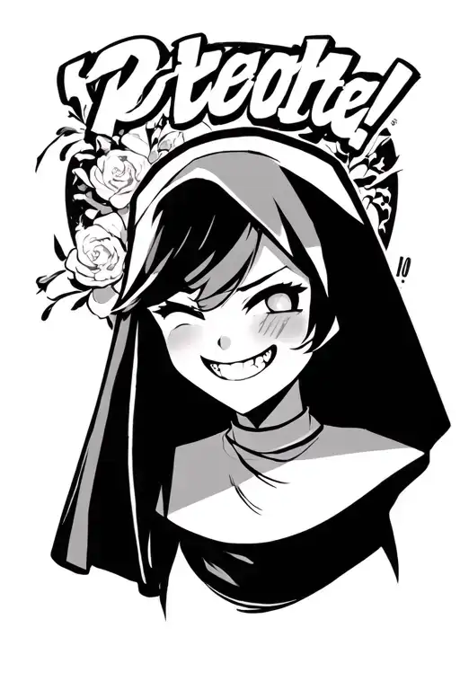 Anime girl with an aggressive smile winks with one eye in the guise of a nun tattoo design idea