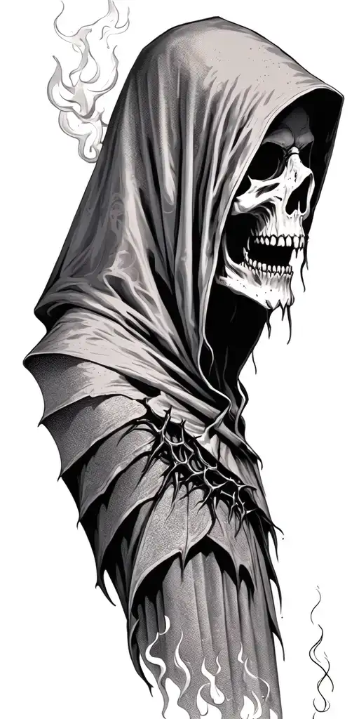 hooded reaper silohuette, smoke, fire, scary, bat wings, thorns tattoo design idea