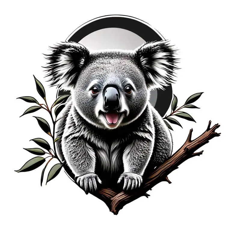 color Black and white, koala bear on eucalyptus tree branch tattoo design idea