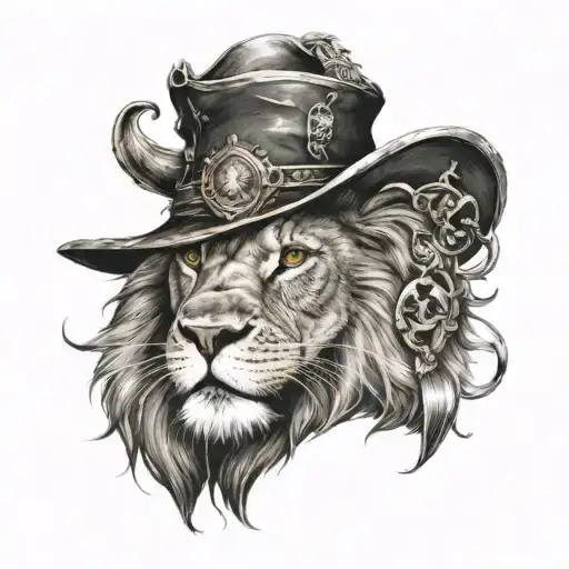 A realistic portrait of a lion wearing a wizard's hat, casting spells in a fantasy world filled with RPG elements tattoo design idea