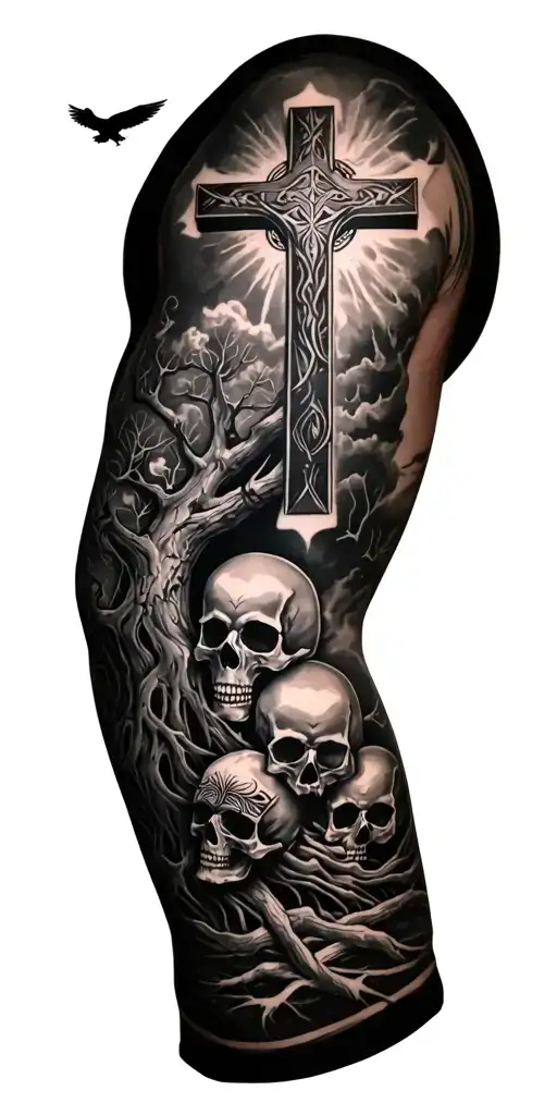 Full arm sleeve tattoo with a large cross on upper arm with tree around it, Skulls, a flying crow, and tribal accents tattoo design idea
