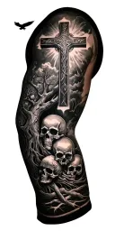 Full arm sleeve tattoo with a large cross on upper arm with tree around it, Skulls, a flying crow, and tribal accents tattoo design idea